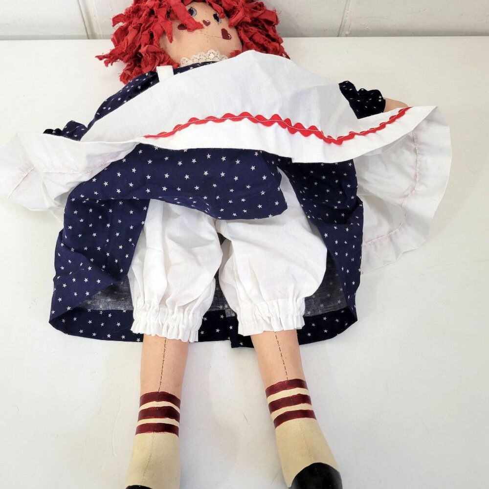 Handmade Rag Doll With Red Hair Navy Polka Dot Dress White Apron And Painted Sho - Picture 7 of 8